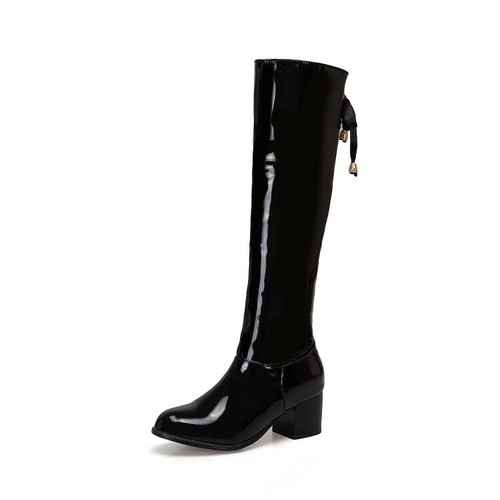 Womens Knee High Boots Patent Leather Chunky Heels Round Toe Casual Shoes Zip Sz