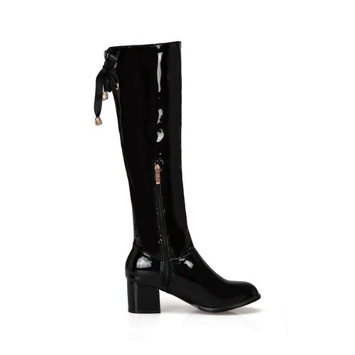 Womens Knee High Boots Patent Leather Chunky Heels Round Toe Casual Shoes Zip Sz