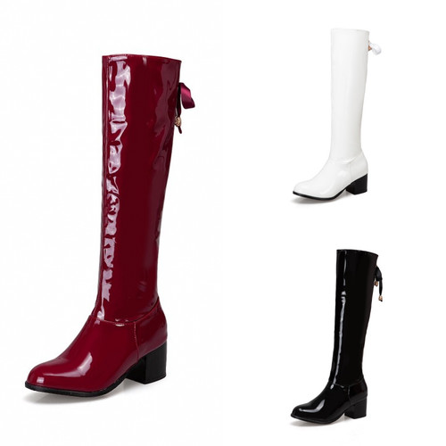 Womens Knee High Boots Patent Leather Chunky Heels Round Toe Casual Shoes Zip Sz