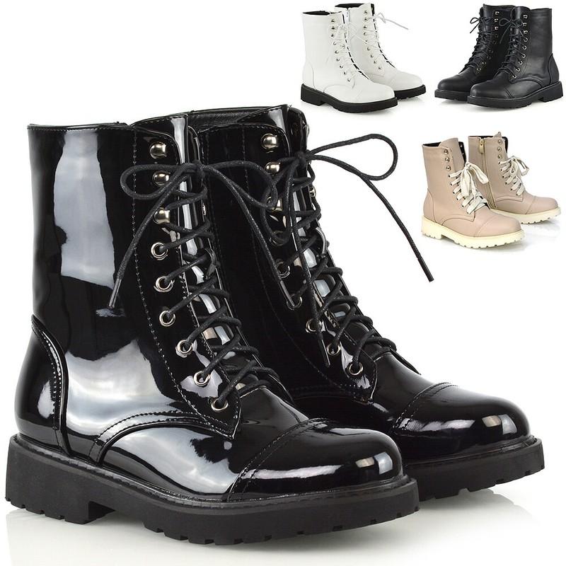 Womens Lace Up Ankle Boots Chunky Sole Ladies Retro Combat Goth Biker Shoes 3-8