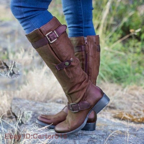 Womens Motorcycle Low Flat Heel Buckle Strap Mid-Calf Riding Boots Size 34-43