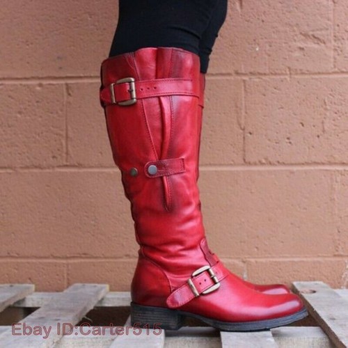 Womens Motorcycle Low Flat Heel Buckle Strap Mid-Calf Riding Boots Size 34-43