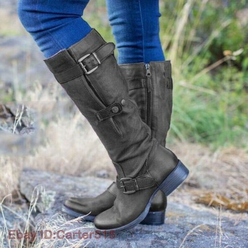 Womens Motorcycle Low Flat Heel Buckle Strap Mid-Calf Riding Boots Size 34-43