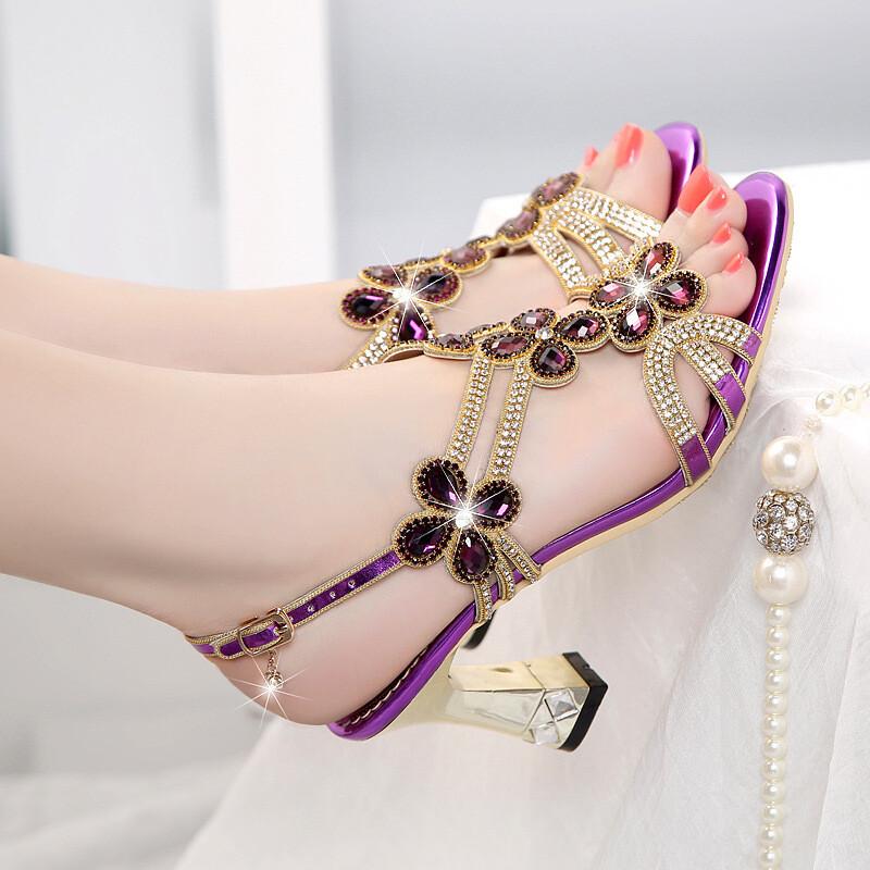 Womens New Diamond Sandals Summer Coarse Heels Comfort Sexy Crystal High Heels