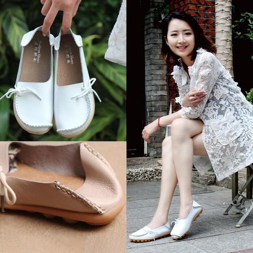 Womens Soft Non-slip Lace Up Flats Slip On Ladies Casual Loafers Leather Shoes
