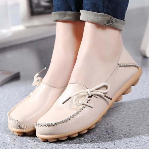 Womens Soft Non-slip Lace Up Flats Slip On Ladies Casual Loafers Leather Shoes