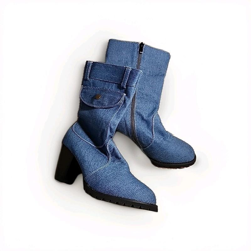 Womens Sz 9 Denim Mid Calf Boots Block Heel Zip Casual Shoes Pockets Sz40
