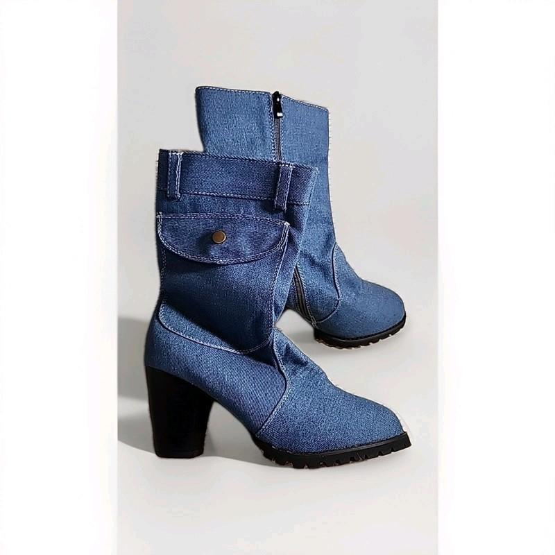 Womens Sz 9 Denim Mid Calf Boots Block Heel Zip Casual Shoes Pockets Sz40