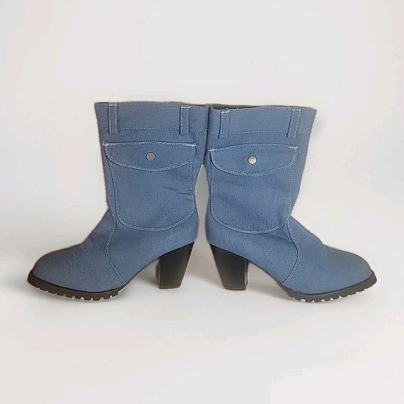 Womens Sz 9 Denim Mid Calf Boots Block Heel Zip Casual Shoes Pockets Sz40