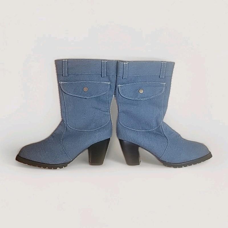 Womens Sz 9 Denim Mid Calf Boots Block Heel Zip Casual Shoes Pockets Sz40