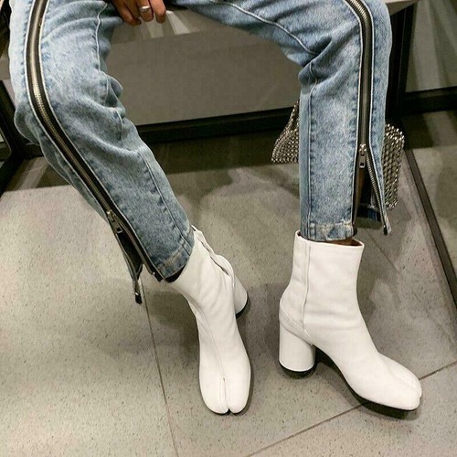 Womens Tabi Split Toe Bootie Block Heel Side Zip Ankle Boots Leather Shoes 35-40