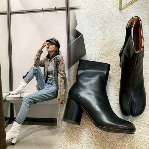 Womens Tabi Split Toe Bootie Block Heel Side Zip Ankle Boots Leather Shoes 35-40