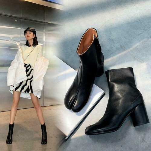 Womens Tabi Split Toe Bootie Block Heel Side Zip Ankle Boots Leather Shoes 35-40