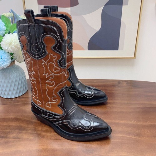 Womens Western Cowboy Embroidery Riding Knight Boots Real Leather Mid Block Heel
