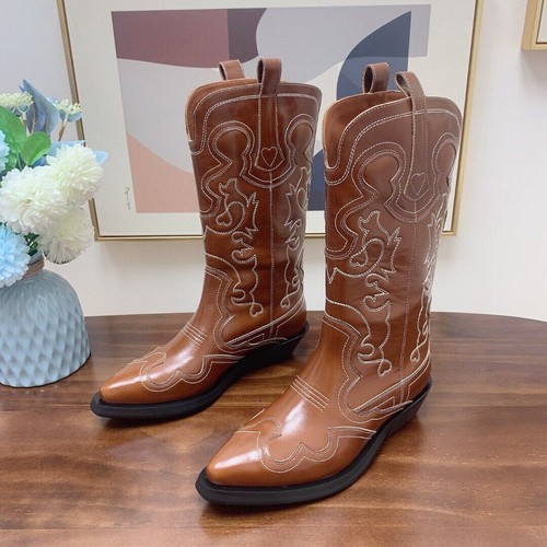 Womens Western Cowboy Embroidery Riding Knight Boots Real Leather Mid Block Heel