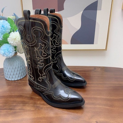 Womens Western Cowboy Embroidery Riding Knight Boots Real Leather Mid Block Heel