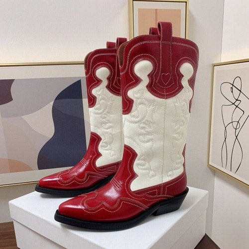 Womens Western Cowboy Embroidery Riding Knight Boots Real Leather Mid Block Heel