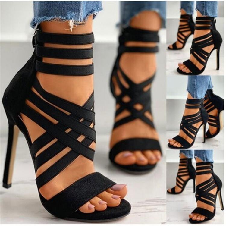 Womens Zipper Strap Pumps Thick Soled Sandals Pointed Toe Heels Shoes Stiletto