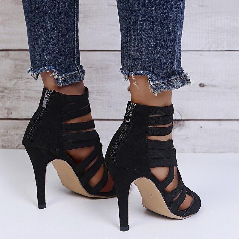 Womens Zipper Strap Pumps Thick Soled Sandals Pointed Toe Heels Shoes Stiletto
