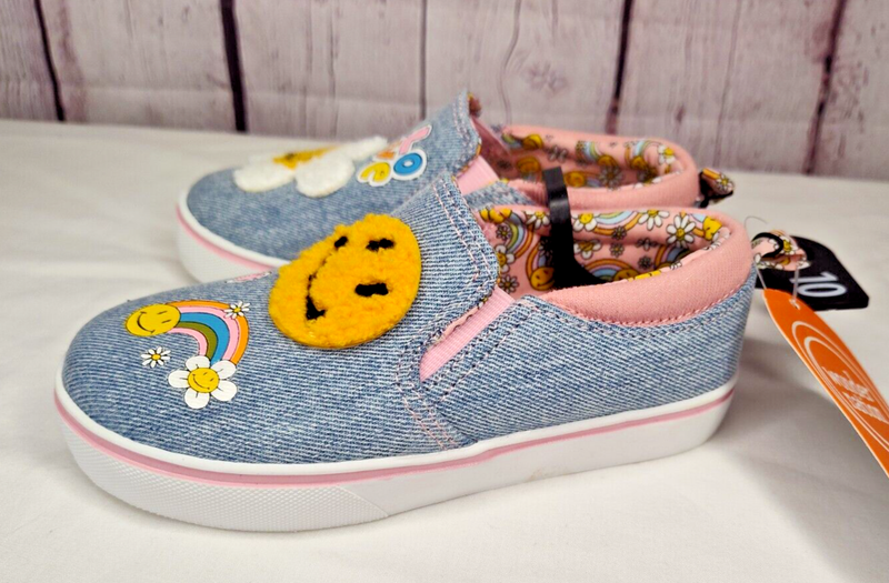 Wonder Nation Denim Patch Twin Gore Smiley Face Slip-on Flat Shoes Size 10