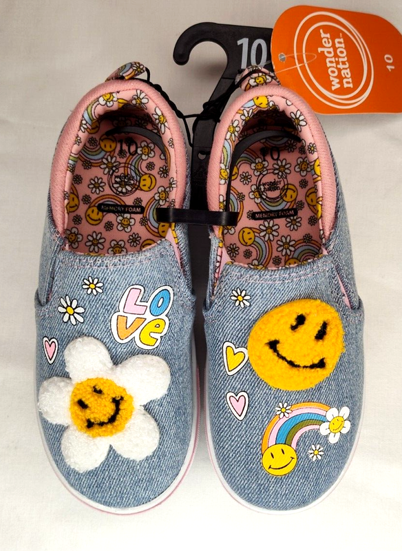 Wonder Nation Denim Patch Twin Gore Smiley Face Slip-on Flat Shoes Size 10