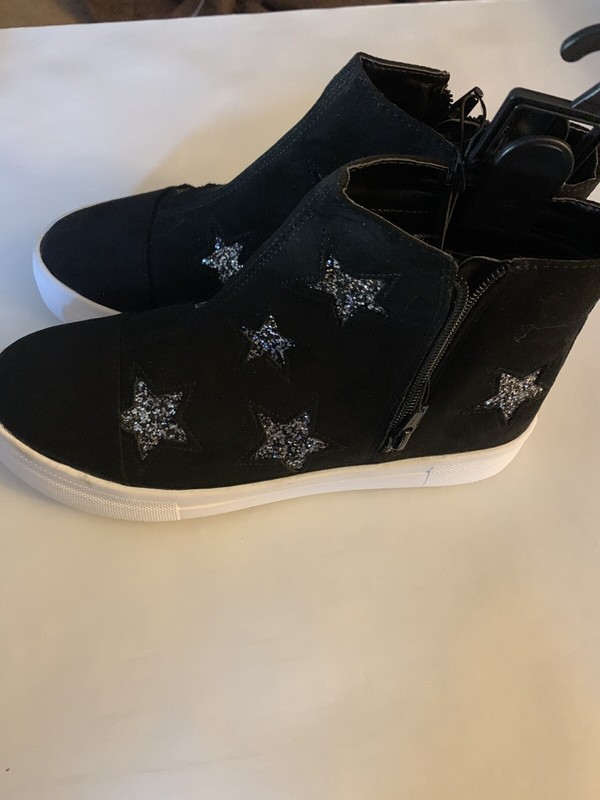 WONDER NATION GIRLS SHOES GLITTER STAR DESIGN ZIPPER SIDE SIZE 6 BLACK CASUAL