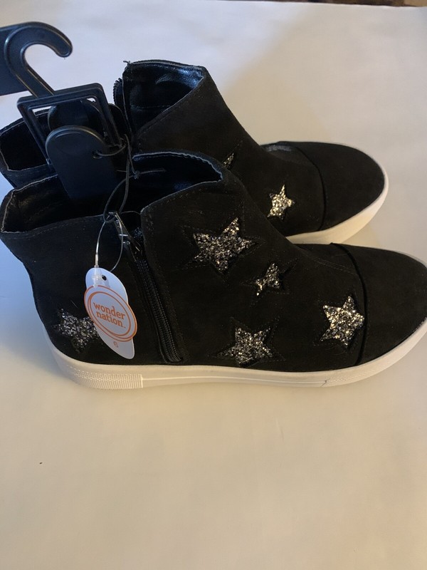 WONDER NATION GIRLS SHOES GLITTER STAR DESIGN ZIPPER SIDE SIZE 6 BLACK CASUAL