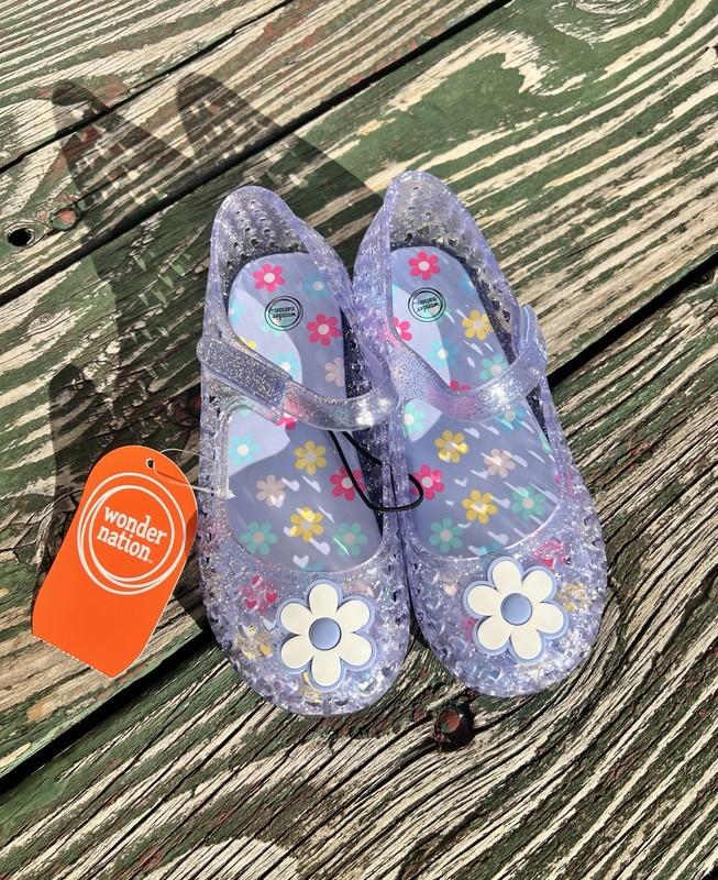 WONDER NATION Girls Size 10 Jelly Flats Sandals Hearts Flowers Glitter • Purple