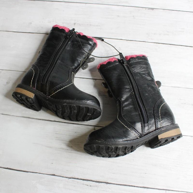 Wonderkids Girl's Black Fashion Boots Toddler Size 6 Pink Flowers Faux Leather