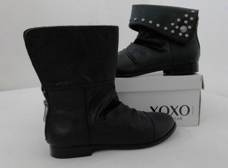 XOXO RHODES Black Faux Leather Fold Over Boot Bootie Studded Womens Size 6.5 M B