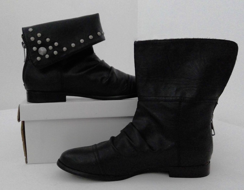 XOXO RHODES Black Faux Leather Fold Over Boot Bootie Studded Womens Size 6.5 M B