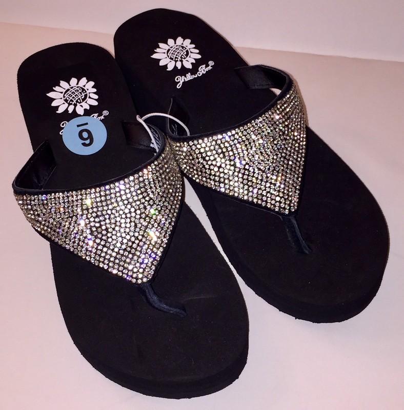 Yellow Box Flip Flops Womens Rhinestone Glitter Wedge Sparkle Kristian Party