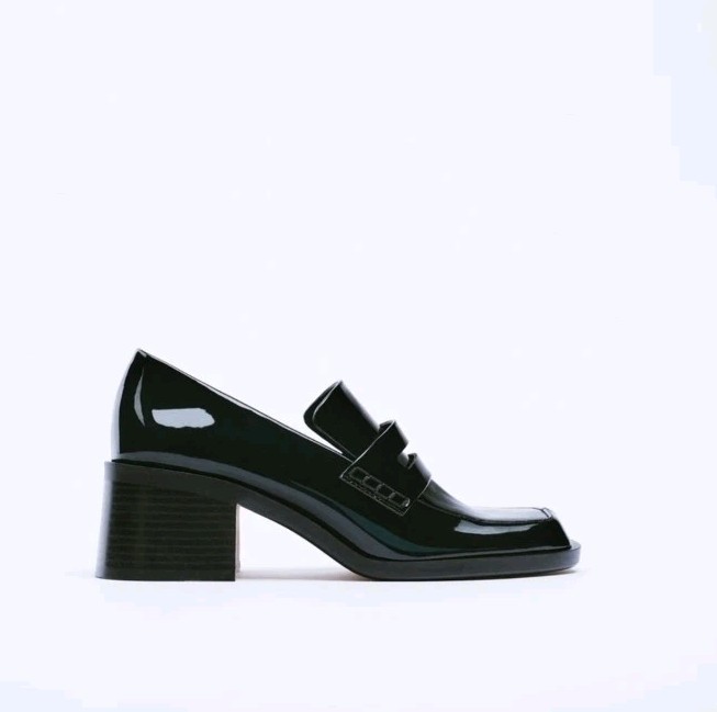 Zara Stylish Black Patent Leather Block Heel Loafers