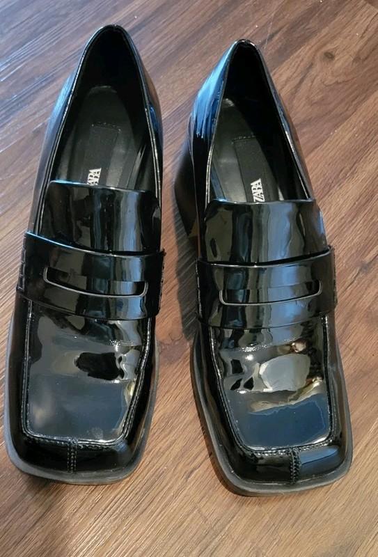 Zara Stylish Black Patent Leather Block Heel Loafers