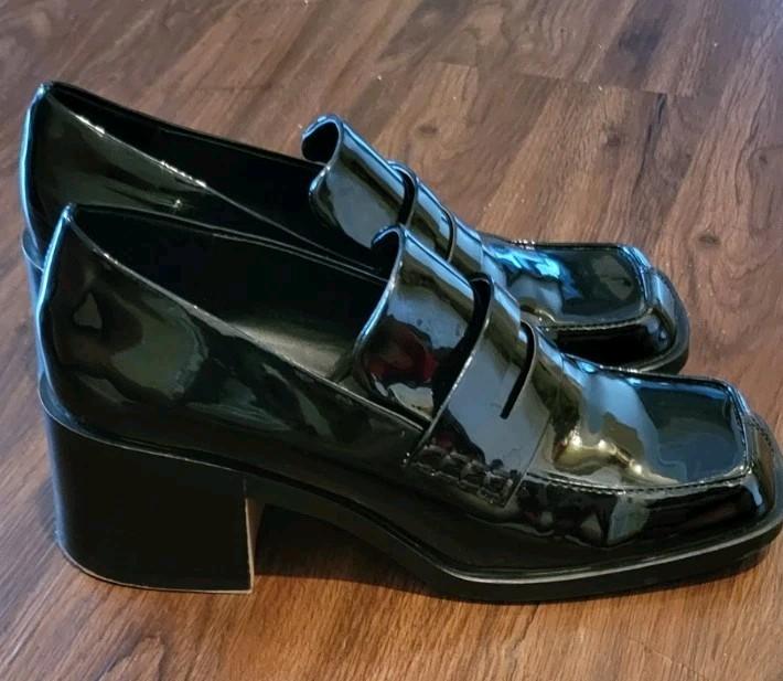 Zara Stylish Black Patent Leather Block Heel Loafers