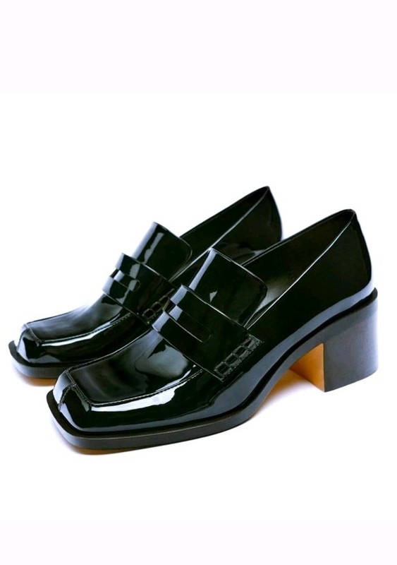 Zara Stylish Black Patent Leather Block Heel Loafers