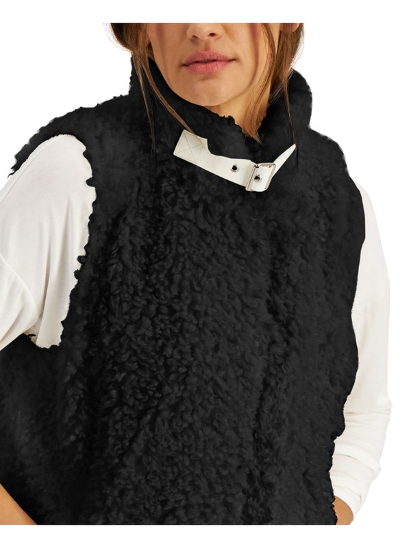 $100 Inc Womens Textured Sherpa Buckle Neck Closure Vest Deep Black Size Medium