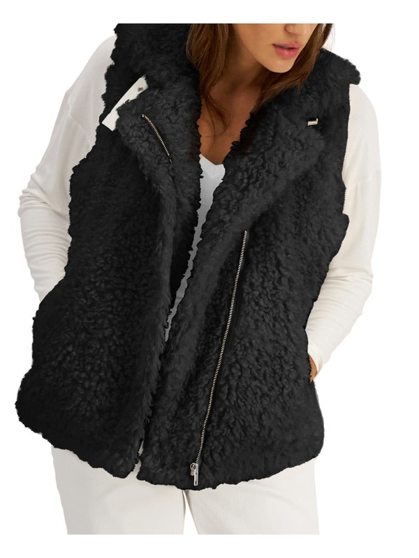 $100 Inc Womens Textured Sherpa Buckle Neck Closure Vest Deep Black Size Medium