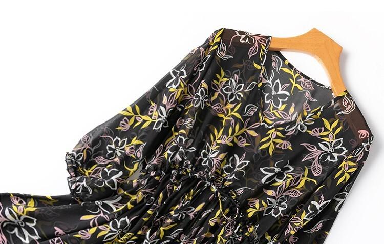 100% Mulberry Silk Transparent Black Floral High Waist Women Midi Dress M1395