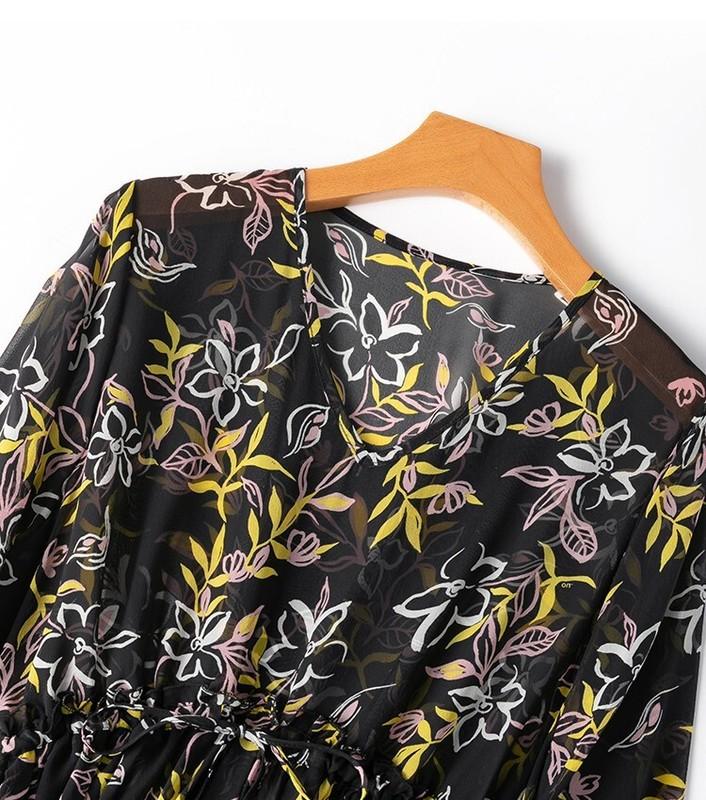100% Mulberry Silk Transparent Black Floral High Waist Women Midi Dress M1395