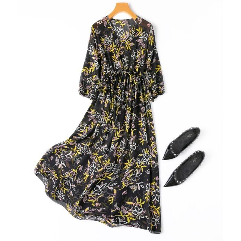 100% Mulberry Silk Transparent Black Floral High Waist Women Midi Dress M1395