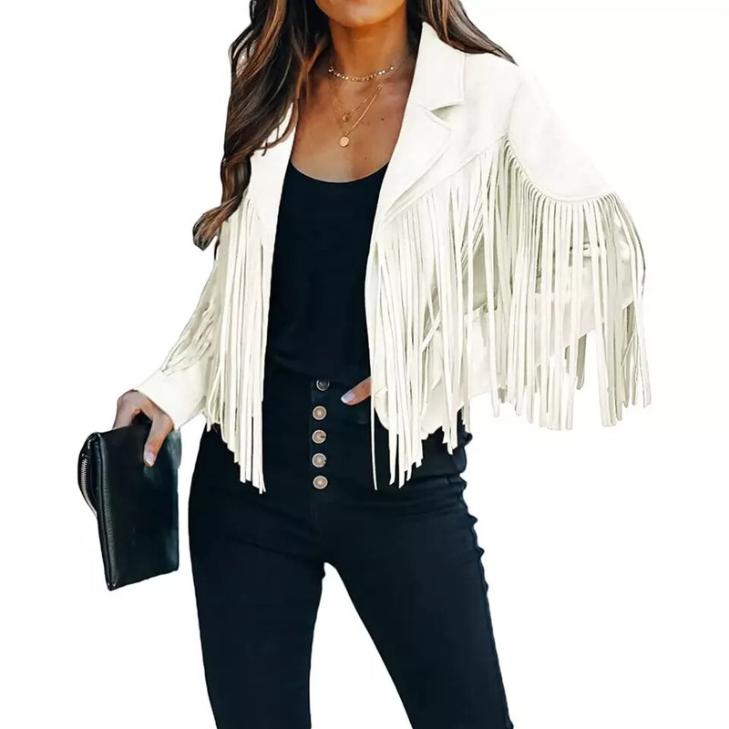 100% New Genuine White Leather Fringe Lambskin Women Motorcycle Biker Jacket
