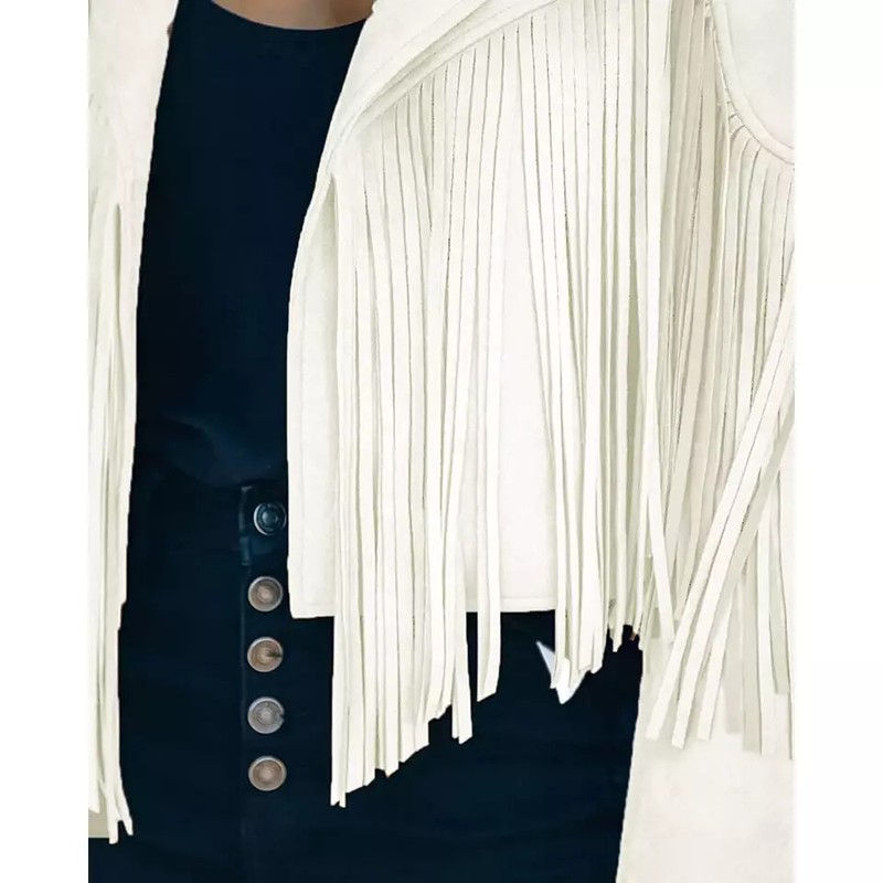 100% New Genuine White Leather Fringe Lambskin Women Motorcycle Biker Jacket