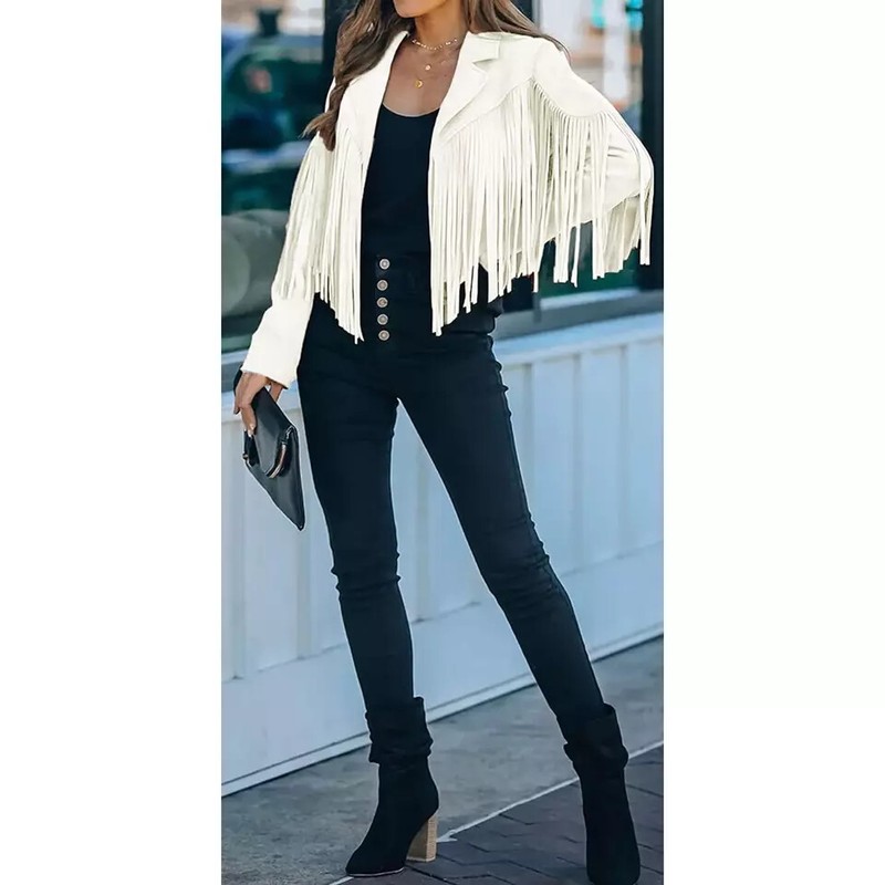 100% New Genuine White Leather Fringe Lambskin Women Motorcycle Biker Jacket