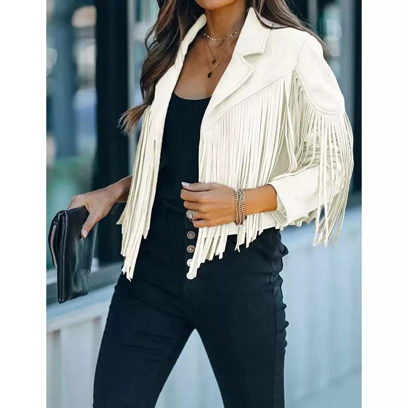 100% New Genuine white Leather fringe Lambskin Women motorcycle Biker Jacket
