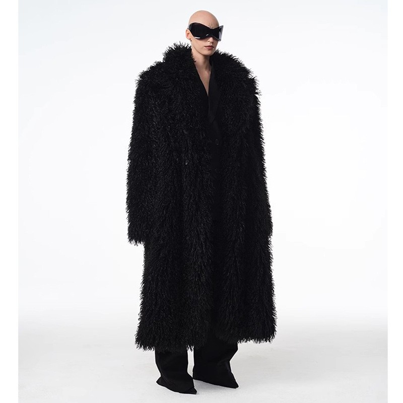 115-120cm Women Mens Mongolian Lamb Sheep Fur Faux Fur Long Coat Overcoat Winter