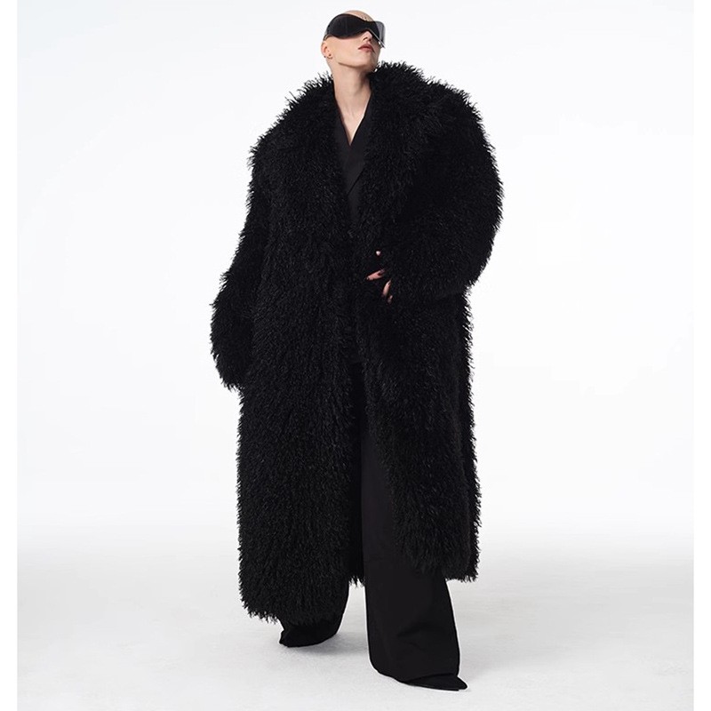 115-120cm Women Mens Mongolian Lamb Sheep Fur Faux Fur Long Coat Overcoat Winter
