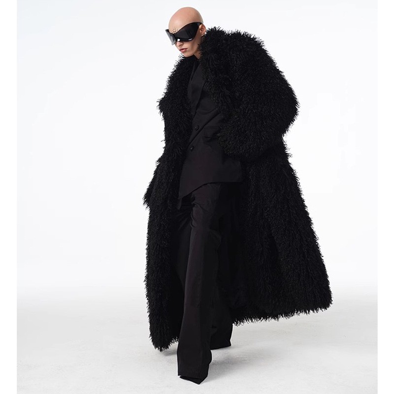 115-120cm Women Mens Mongolian Lamb Sheep Fur Faux Fur Long Coat Overcoat Winter