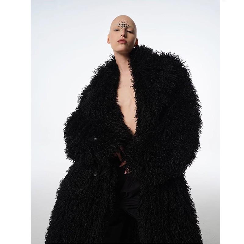115-120cm Women Mens Mongolian Lamb Sheep Fur Faux Fur Long Coat Overcoat Winter