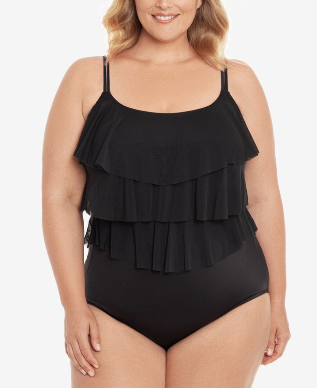 $119 Swim Solutions Plus Size Triple Tiered Tummy-Control One-Piece Black 18W
